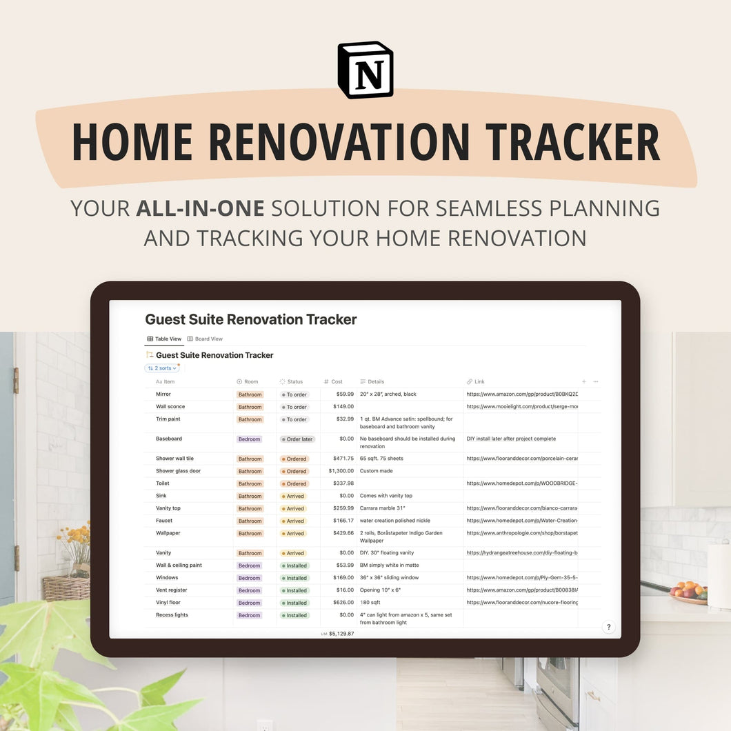 Home Renovation  Planner & Tracker (Notion Template)